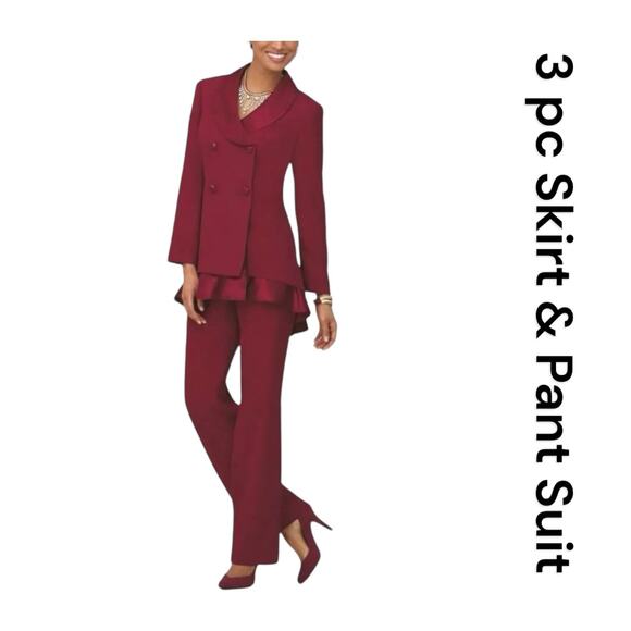 Wardrober Ruby Red Cocktail Business Formal 3-pc Monroe & Main Skirt Pant Suit